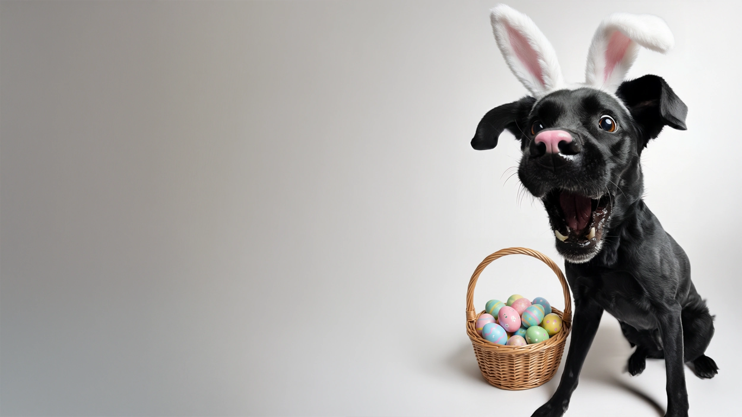 Ein freudig dreinschauender schwarzer Hund mit weißen Hasenohren-Haarreif neben einem geflochtenen Osterkörbchen voller bunter Eier auf hellem Studiohintergrund.