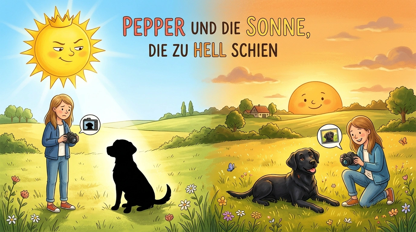 Mittagslicht Hundefotografie – schwarze Labrador-Hündin Pepper im goldenen Abendlicht, Bernsteinfarbene Augen leuchten – Hundefotografie mit Pep Münster